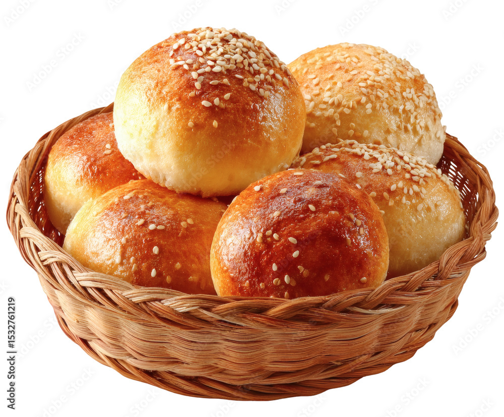Golden Sesame Seed Buns in a Rustic Basket Warm Bakery Goods Food Photography, transparent background Golden Sesame Seed Buns in a Rustic Basket Warm Bakery Goods Food Photography, transparent background