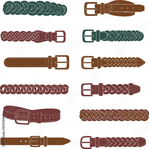 Diverse vector illustrations of stylish belts, including braided and classic designs, perfect for fashion, apparel, and accessory-related graphic projects.