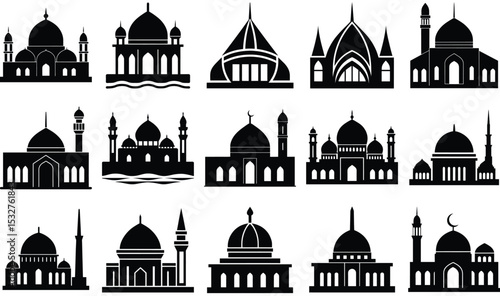 Mosque Silhouette Vector Collection – Diverse Islamic Architecture Styles Featuring Domes, Minarets, and Cultural Designs for Religious and Heritage Projects