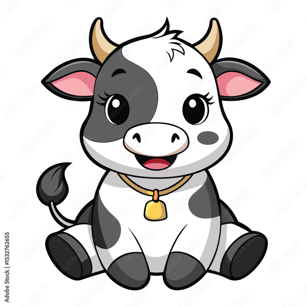 Naklejka premium Adorable cartoon calf sitting wearing a bell