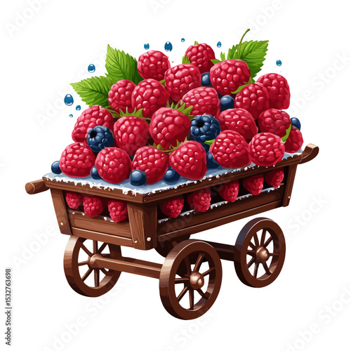 Cart overflowing with fresh raspberries and blueberries for fruity harvest concept