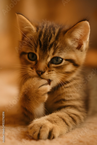 Wallpaper Mural A charming kitten licking its paw, showcasing its soft fur and playful nature in a cozy setting. Torontodigital.ca