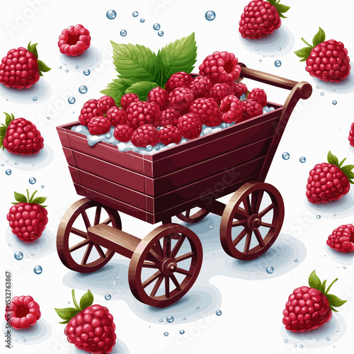 Cart filled with fresh raspberries and surrounded by berries for fruity harvest concept