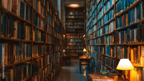 Library of Knowledge: A captivating perspective of a library aisle with rows of filled bookshelves, creating a sense of endless information, illuminated by warm, inviting light.