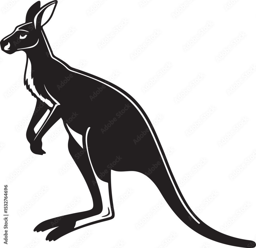 Fototapeta premium A black and white kangaroo silhouette in vector style, set against a clean white background