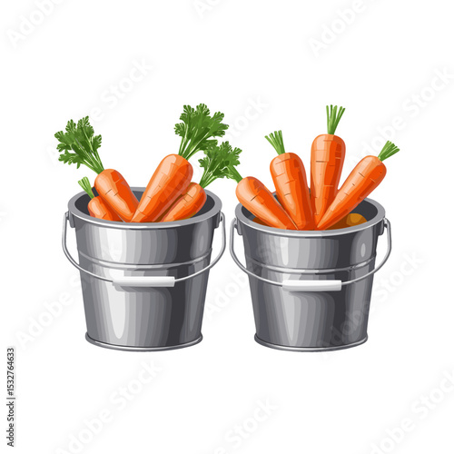 Two metal buckets filled with fresh carrots and greens for organic produce concept