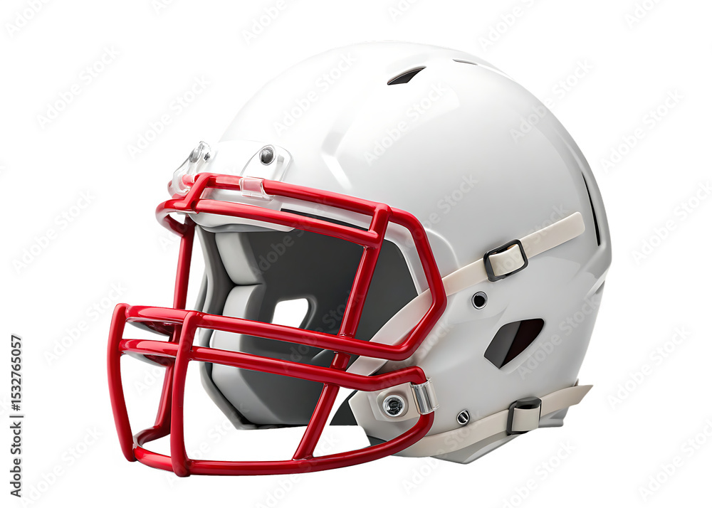 Fototapeta premium Close up of a white football helmet with a red face mask on a black background in sharp focus