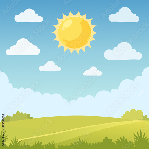 A sunny day with a bright yellow sun shining through the clouds. The sky is blue and the grass is green