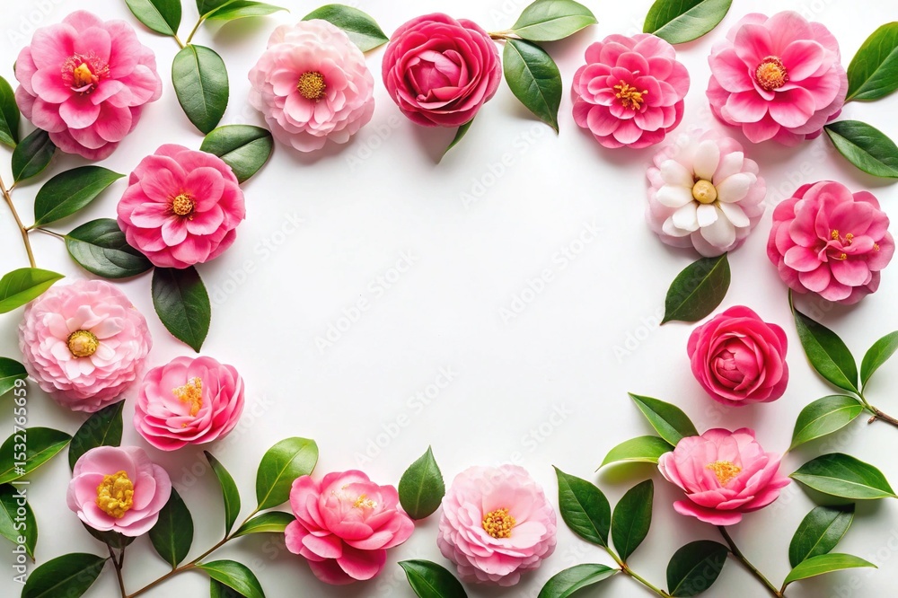 A Frame of Pink and White Camellias with Green Leaves on White A Frame of Pink and White Camellias with Green Leaves on White