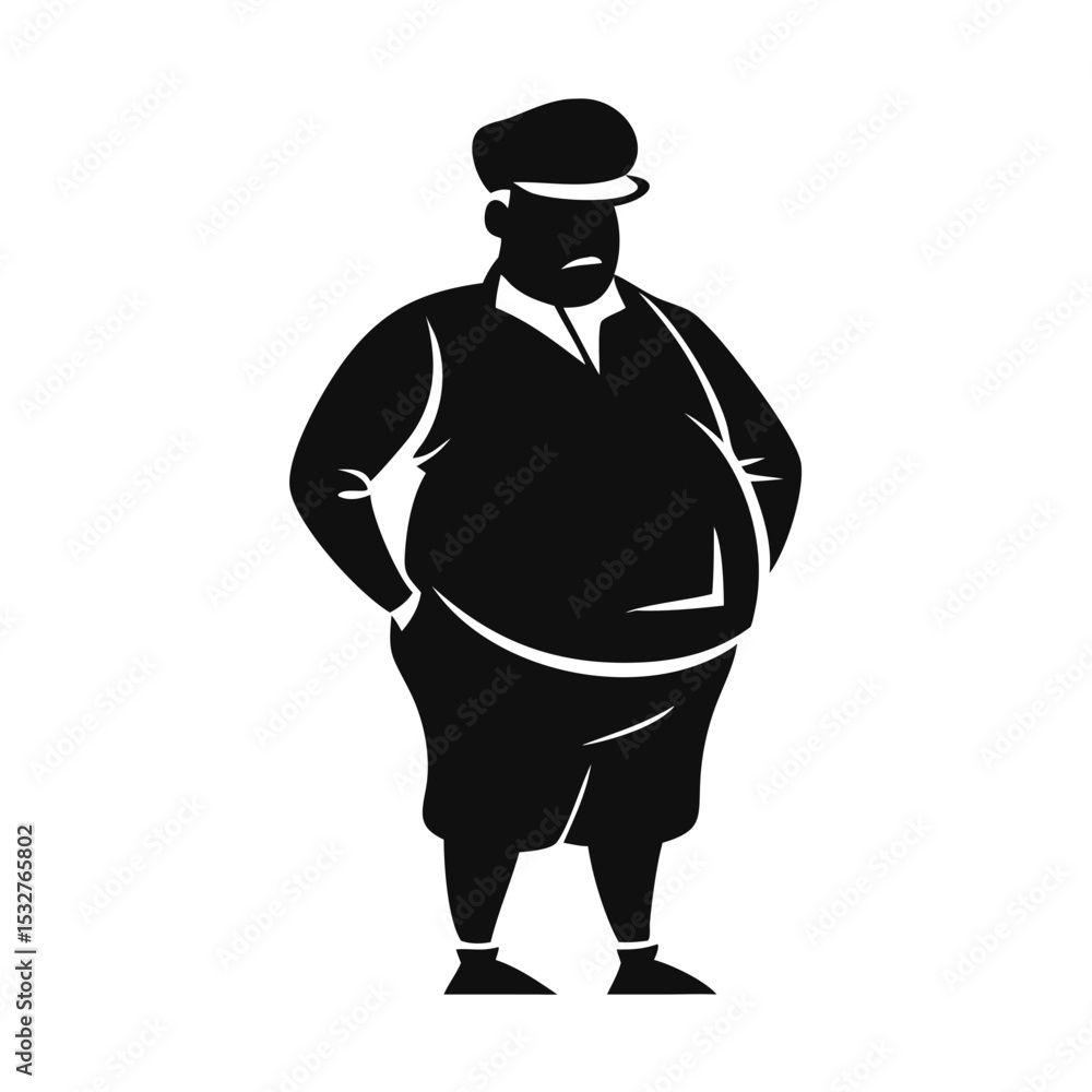 Chubby man with hands in pockets, bold silhouette style with round body shape, realism and everyday figure concept — concept: inclusive visuals, health ads, cartoon branding. Chubby man with hands in pockets, bold silhouette style with round body shape, realism and everyday figure concept — concept: inclusive visuals, health ads, cartoon branding.