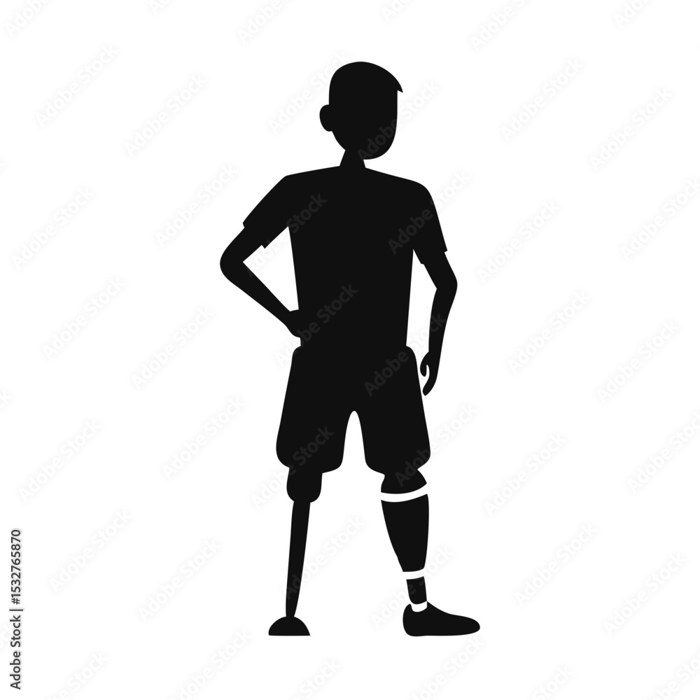 Young man with leg prosthesis standing in confident pose, flat silhouette style, disability and inclusion concept — concept: rehab services, sport inclusion, social campaign. Young man with leg prosthesis standing in confident pose, flat silhouette style, disability and inclusion concept — concept: rehab services, sport inclusion, social campaign.