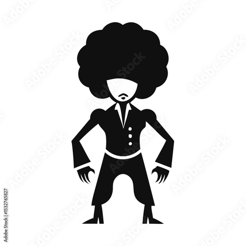 Stylized man with afro hairstyle and open collar suit, flat cartoon silhouette, retro attitude and bold self-expression — concept: music branding, culture blogs, streetwear visuals.