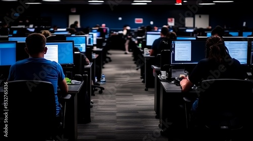 Office workers in a large call center, data analysis and customer service representatives