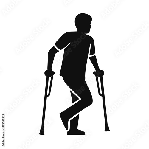 Injured man with crutches walking forward, black silhouette with gray accents, rehabilitation and resilience concept — concept: medical branding, insurance visuals, rehab center ads.
