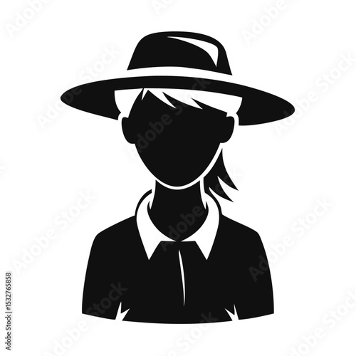 Woman with ponytail wearing wide-brim hat, flat silhouette style, elegance and anonymity concept — concept: personal branding, fashion icons, stylized illustration blogs.