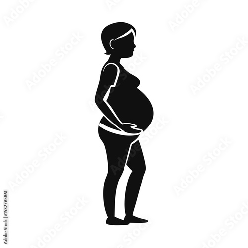 Curvy pregnant woman side view, black flat silhouette with visible belly curve, body positivity and motherhood concept — concept: inclusive branding, motherhood blog, wellness care.