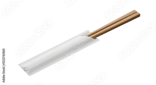  Wooden chopsticks with white paper sleeve on gray background. Perfect for branding, packaging, or restaurant presentation.


