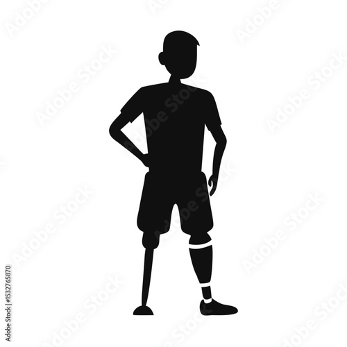 Young man with leg prosthesis standing in confident pose, flat silhouette style, disability and inclusion concept — concept: rehab services, sport inclusion, social campaign.