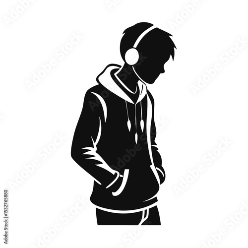Teen boy in hoodie and headphones, silhouette illustration in flat urban style, youth culture and music streaming concept — concept: streetwear brand, music app, youth outreach.