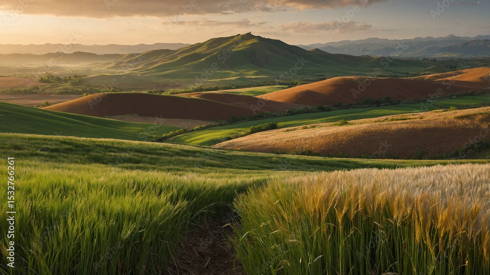 Fototapeta premium Crop Field with Curved Trail and Rolling Desert Hills at Sunset