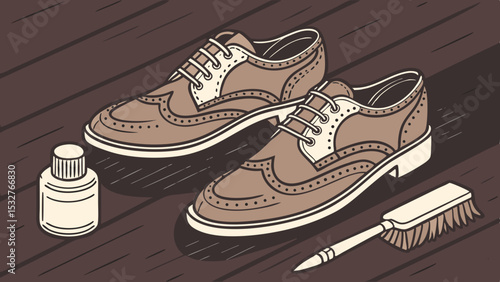 Brown Leather Wingtip Shoes with Polish and Brush on Dark Wood vector art