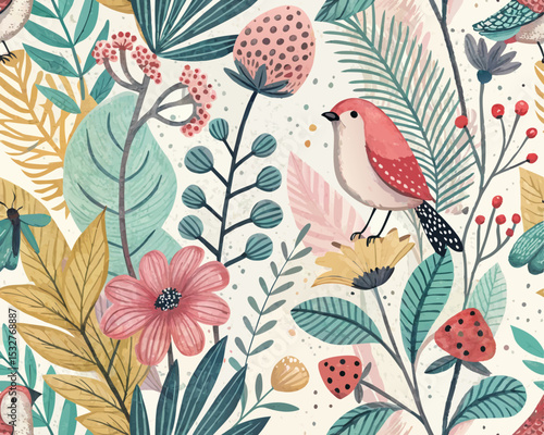 Seamless Tropical Jungle Vector Illustration Pattern. Cute Artsy Mix of Botanical Elements, Abstract Shapes, Animals and Birds for fabric design, nursery decor, kids' products, wallpapers, packaging, 