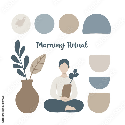 Person practicing mindful morning ritual with plant in soft neutral tones