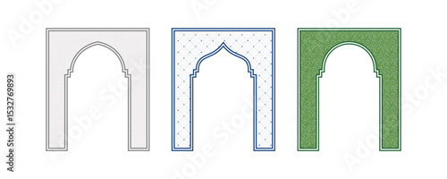 Traditional arch frame with intricate fill pattern in cultural symmetrical outline design for architectural decorative vector template border artwork.
