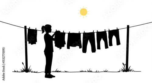 Woman Hanging Laundry on Clothesline Silhouette | Outdoor Chore Illustration for Housekeeping and Sustainable Living Concepts