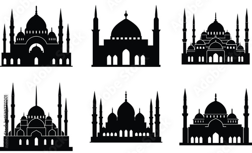 Ottoman Mosque Silhouette Vector Set – Classic Domed Islamic Architecture with Minarets and Arches Inspired by Turkish Heritage and Sultanate Era Design
