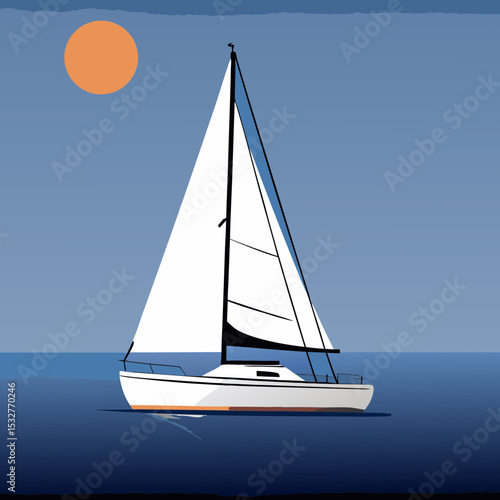 Sailboat gliding across calm blue waters under a bright orange sun, creating a serene summer vacation atmosphere with a clear sky and gentle waves