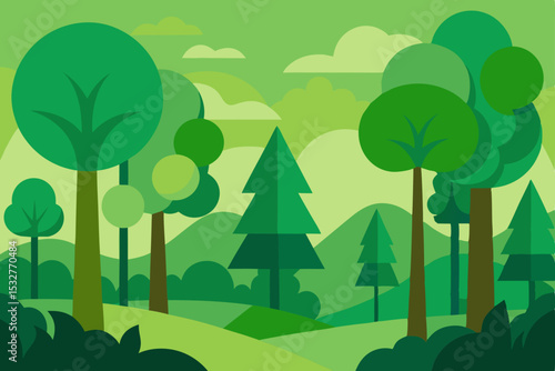 Serene Green Forest Landscape A Flat Design Illustration of Nature's Tranquility