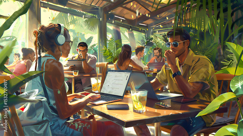 Group of young multicultural digital nomads working on laptops in an open-air café with tropical plants and iced drinks. Summer remote work, freelancer lifestyle, digital lifestyle in summer