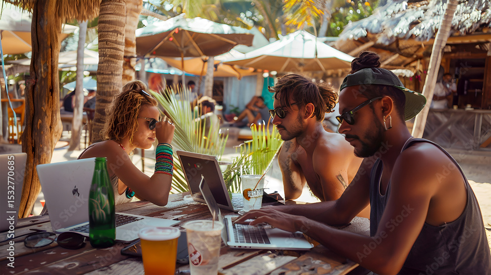Group of young multicultural digital nomads working on laptops in an open-air café with tropical plants and iced drinks. Summer remote work, freelancer lifestyle, digital lifestyle in summer Group of young multicultural digital nomads working on laptops in an open-air café with tropical plants and iced drinks. Summer remote work, freelancer lifestyle, digital lifestyle in summer