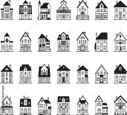 Detailed Hand-Drawn House Icons – Vintage and Modern Home Vector Set