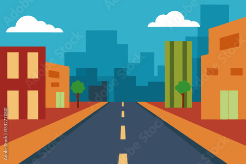 Urban cityscape illustration: a cartoon street scene with a road leading to the city's skyline of buildings and skyscrapers under a cloudy sky