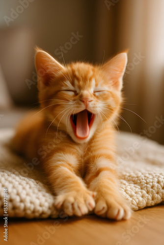 Wallpaper Mural A cute orange kitten yawning widely, showcasing its tiny pink tongue and paws, on a cozy knitted blanket. Torontodigital.ca