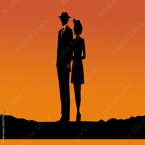 Silhouette of Couple in Love at Sunset | Romantic Date, Relationships, Stylish 1940s Fashion and Retro Elegance