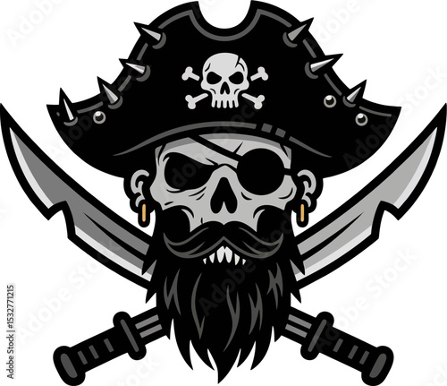 Aggressive Pirate Skull Vector Logo with Spiked Hat and Crossed Swords