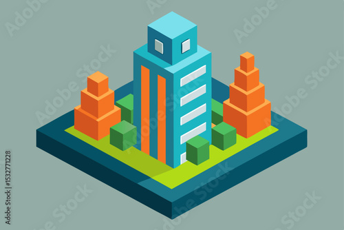Green city buildings vector illustration set featuring isometric urban architecture and house design elements