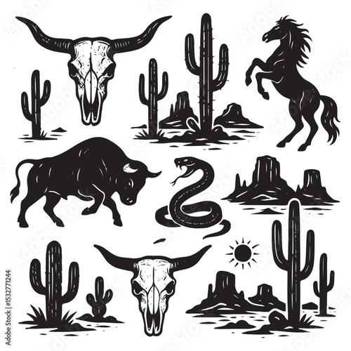 Linocut western boho set vector, Texas desert engraving print collection, vector canyon wildlife, cactus. 
Texture grunge Arizona rodeo graphics, bull, horse, snake, skull silhouette