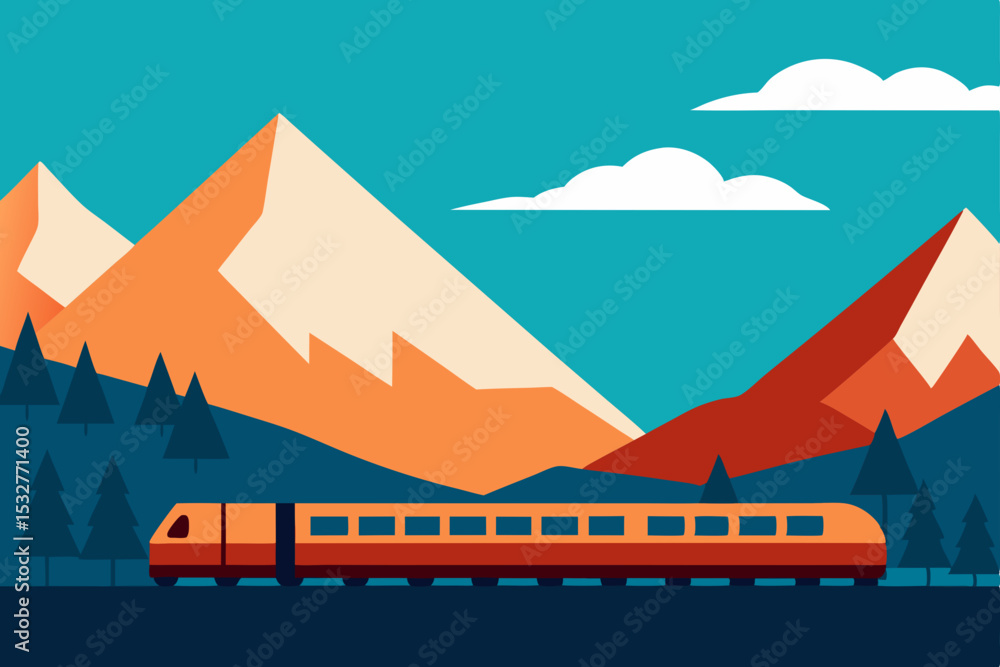 Naklejka premium Scenic Train Journey Through Majestic Mountains A Stunning Travel Illustration
