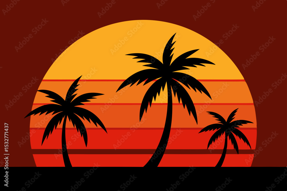 Tropical palm tree silhouettes against a vibrant sunset sky over a summer beach, a perfect island paradise vacation illustration Tropical palm tree silhouettes against a vibrant sunset sky over a summer beach, a perfect island paradise vacation illustration