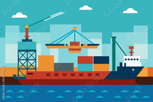 Container cargo ship at sea near port with cranes loading freight