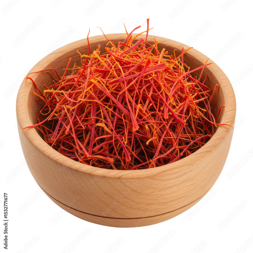 Fototapeta premium Saffron Spice in Wooden Bowl – Dried Threads, Aromatic Culinary Ingredient Isolated on Transparent Background