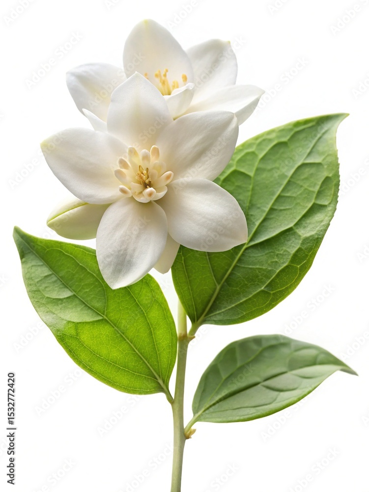 Fototapeta premium Delicate White Flowers with Green Leaves on a Pure White Background