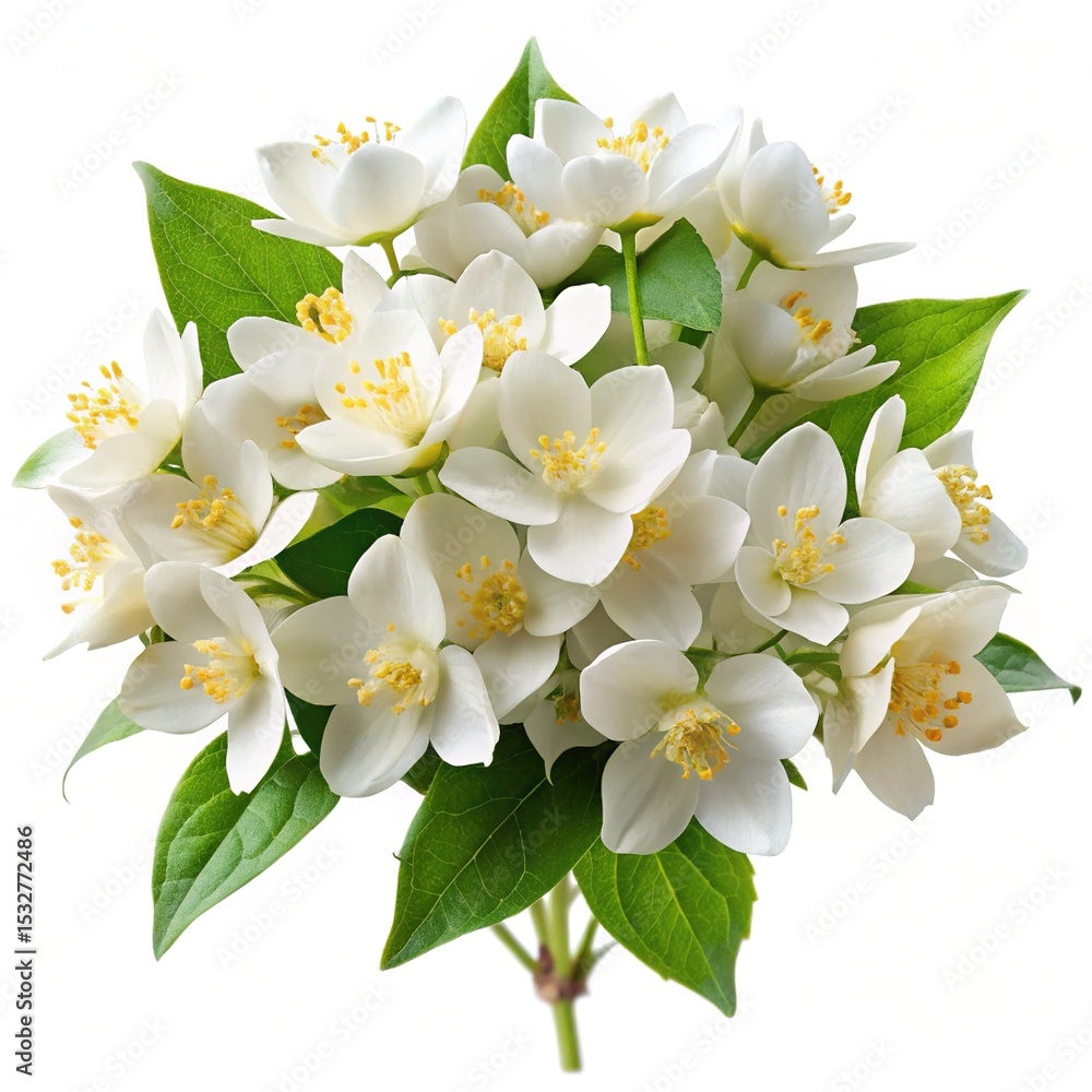 Obraz premium Closeup of a beautiful bouquet of white jasmine flowers on white backdrop
