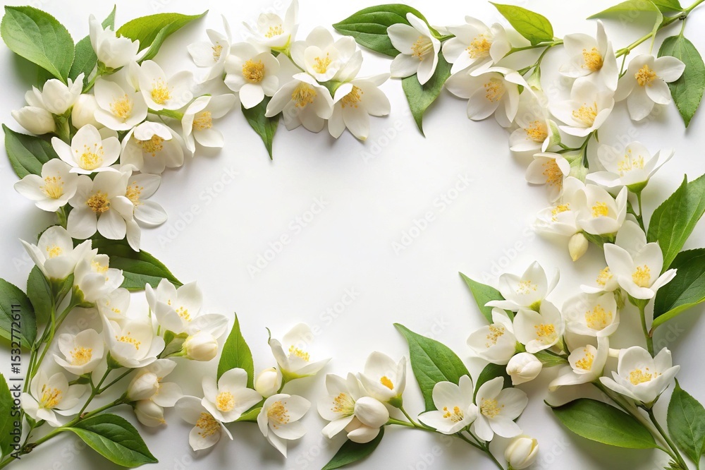 A Captivating Mock Orange Blossom Frame on a Soft White Background A Captivating Mock Orange Blossom Frame on a Soft White Background