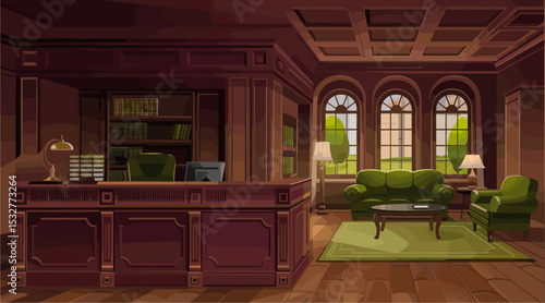 Vintage style office interior. A large room with a desk and a couch. The room is very spacious and has a lot of natural light coming in through the windows. The desk has a lamp on it and a few books.