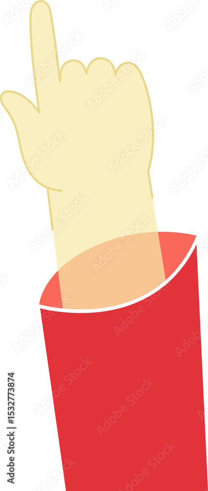 Flat design yellow pointing hand is floating on transparent background, featuring red sleeve Flat design yellow pointing hand is floating on transparent background, featuring red sleeve